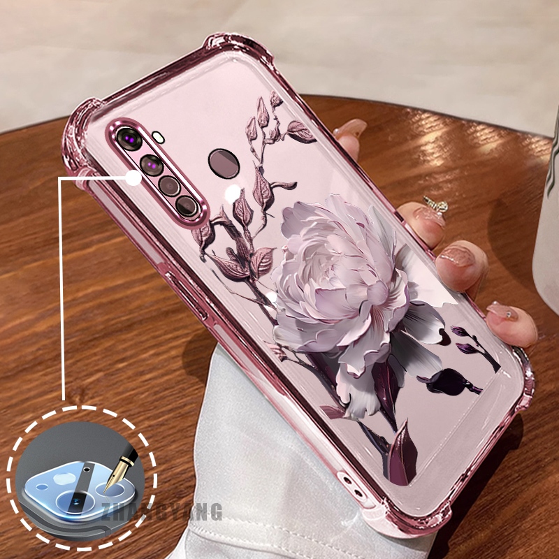 Ốp Lưng Cho Realme 5 5i 5s 6i c3 Bốn Góc Mạ Điện Chống Rơi Vỏ Điện Thoại Thẩm Mỹ Họa Tiết Hoa Sen TPU Mềm