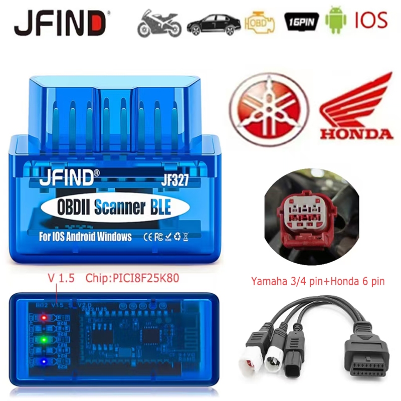 Máy quét JFIND JF327 OBD2 ELM327 Bluetooth 5.1 Đầu đọc mã lỗi cho Yamaha 3/4-Pin, Honda 6-Pin sang 16-Pin, cáp nối dài xe máy