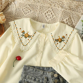 Phong Cách Hàn Quốc Nữ Nữ Rời Vintage Thêu Hoa Dài Tay Áo Sơ Mi