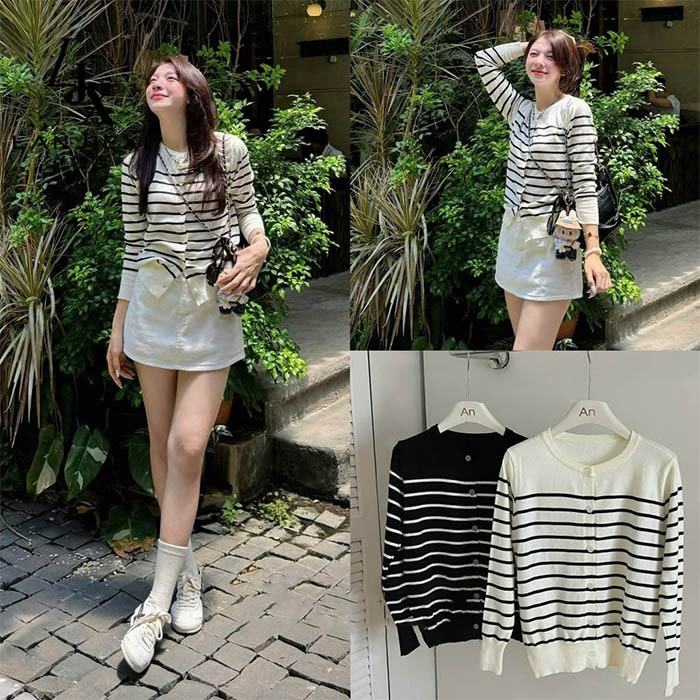 LANJIEXI Áo len sọc  nữ dáng rộng vừa vặn giảm béo cổ tròn dài tay