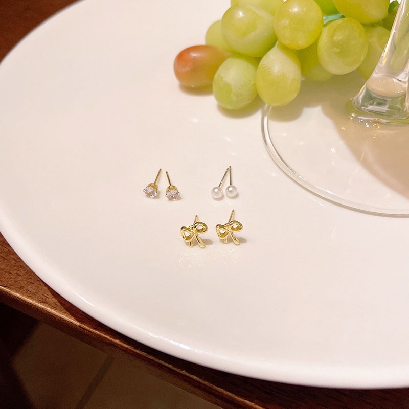 Bộ 3 bông tai nữ đơn giản đinh tán tai nhỏ nơ bướm zircon bông tai