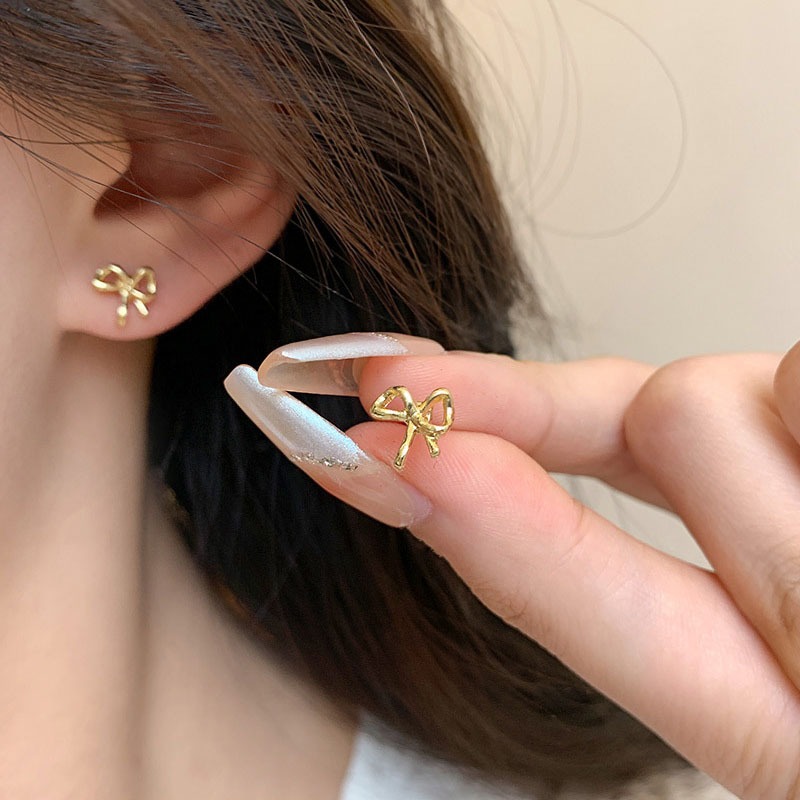 Bộ 3 bông tai nữ đơn giản đinh tán tai nhỏ nơ bướm zircon bông tai