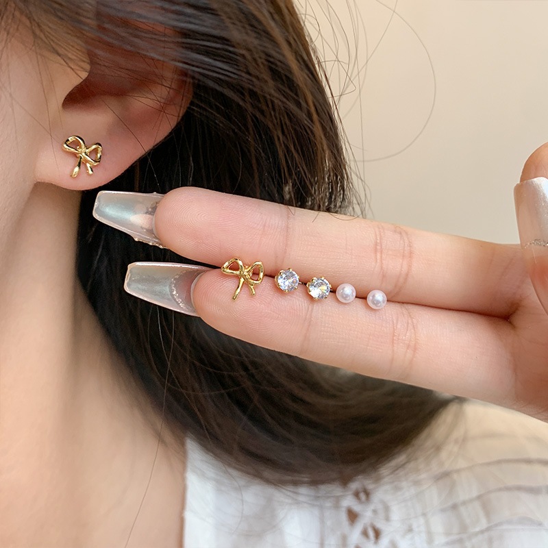 Bộ 3 bông tai nữ đơn giản đinh tán tai nhỏ nơ bướm zircon bông tai
