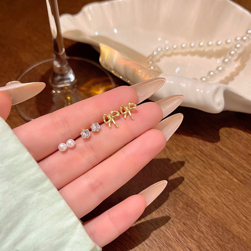 Bộ 3 bông tai nữ đơn giản đinh tán tai nhỏ nơ bướm zircon bông tai