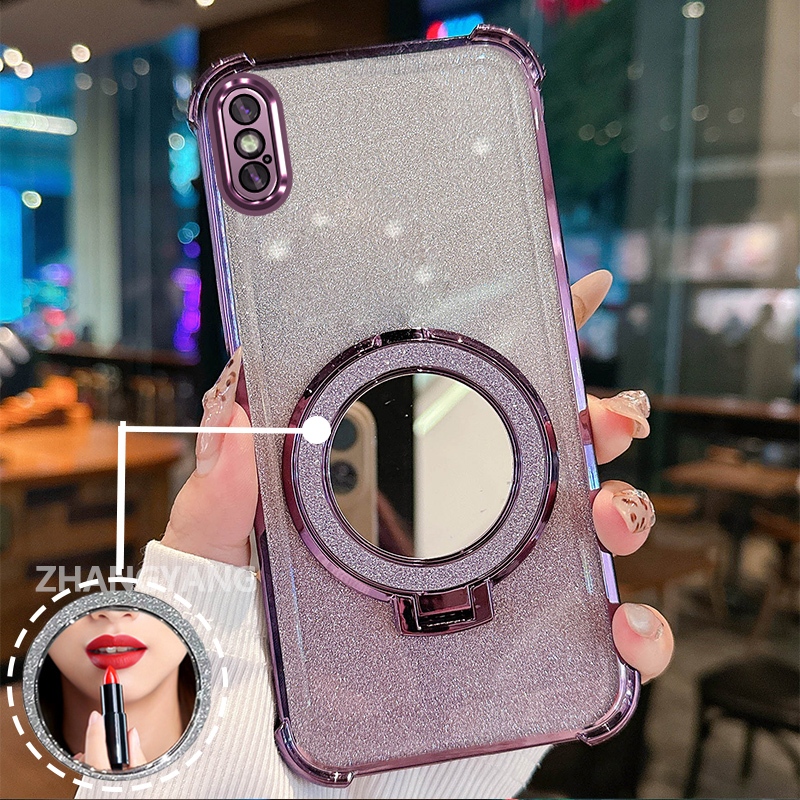 Ốp Lưng Cho iPhone X Xs Xr Xs Max Ốp Điện Thoại Lấp Lánh Mạ Điện Bốn Góc Chống Rơi Với Các Tính Năng Thẩm Mỹ Và Giá Đỡ Gương TPU Mềm
