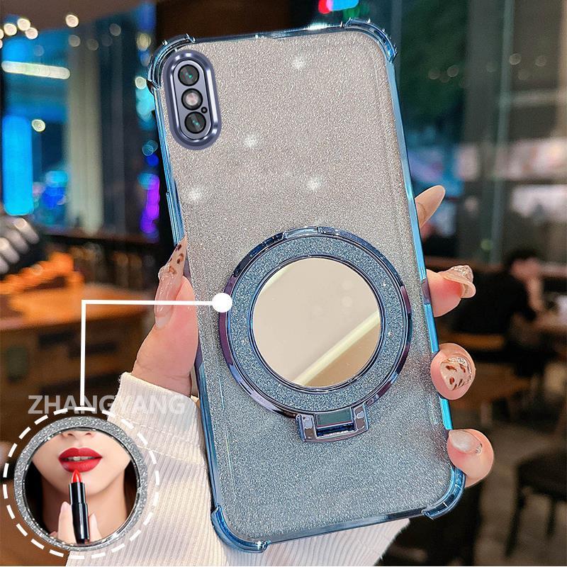 Ốp Lưng Cho iPhone X Xs Xr Xs Max Ốp Điện Thoại Lấp Lánh Mạ Điện Bốn Góc Chống Rơi Với Các Tính Năng Thẩm Mỹ Và Giá Đỡ Gương TPU Mềm