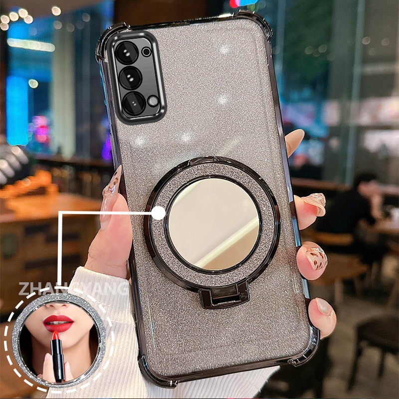 Ốp Lưng Cho OPPO Reno 5 Reno 5k Vỏ Điện Thoại Lấp Lánh Mạ Điện Bốn Góc Chống Rơi Với Các Tính Năng Thẩm Mỹ Và Giá Đỡ Gương TPU Mềm