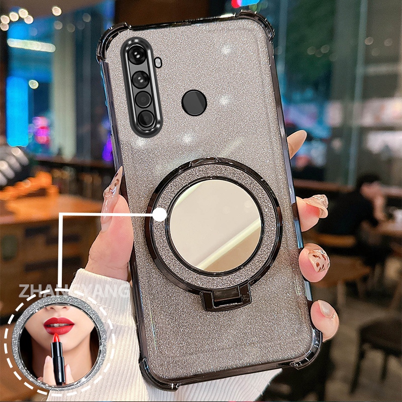 Ốp Lưng Cho Realme 5 5i 5s 6i c3 Vỏ Điện Thoại Lấp Lánh Mạ Điện Bốn Góc Với Các Tính Năng Thẩm Mỹ Và Giá Đỡ Gương TPU Mềm