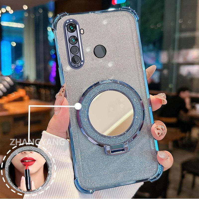 Ốp Lưng Cho Realme 5 5i 5s 6i c3 Vỏ Điện Thoại Lấp Lánh Mạ Điện Bốn Góc Với Các Tính Năng Thẩm Mỹ Và Giá Đỡ Gương TPU Mềm