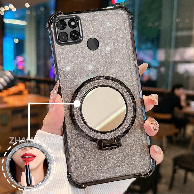 Ốp Lưng Cho Realme C21Y C25Y Ốp Điện Thoại Lấp Lánh Mạ Điện Bốn Góc Với Các Tính Năng Thẩm Mỹ Và Giá Đỡ Gương TPU Mềm