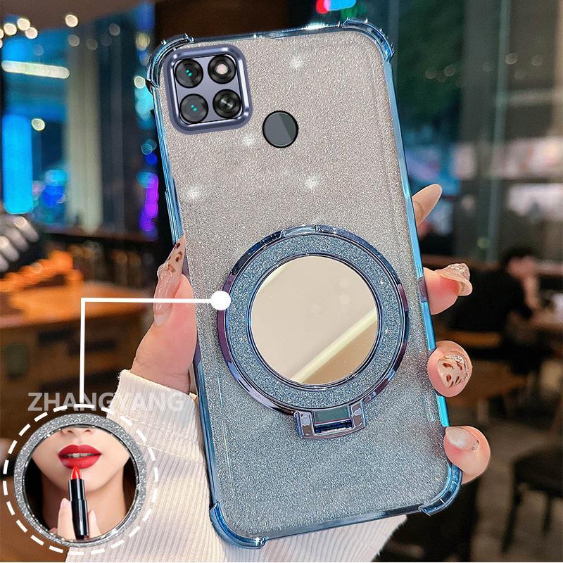 Ốp Lưng Cho Realme C21Y C25Y Ốp Điện Thoại Lấp Lánh Mạ Điện Bốn Góc Với Các Tính Năng Thẩm Mỹ Và Giá Đỡ Gương TPU Mềm