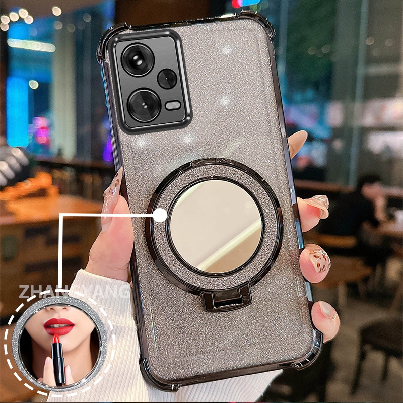Ốp Lưng Cho Redmi Note 12 5G Note 12 Pro 5G Ốp Điện Thoại Lấp Lánh Mạ Điện Bốn Góc Với Các Tính Năng Thẩm Mỹ Và Giá Đỡ Gương TPU Mềm