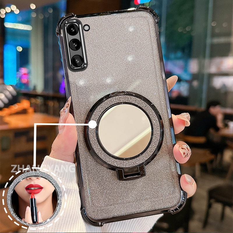 Ốp Lưng Dành Cho Samsung S21 S21 Ultra S21 FE Ốp Điện Thoại Lấp Lánh Mạ Điện Bốn Góc Với Các Tính Năng Thẩm Mỹ Và Giá Đỡ Gương TPU Mềm