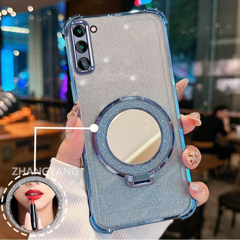 Ốp Lưng Dành Cho Samsung S21 S21 Ultra S21 FE Ốp Điện Thoại Lấp Lánh Mạ Điện Bốn Góc Với Các Tính Năng Thẩm Mỹ Và Giá Đỡ Gương TPU Mềm