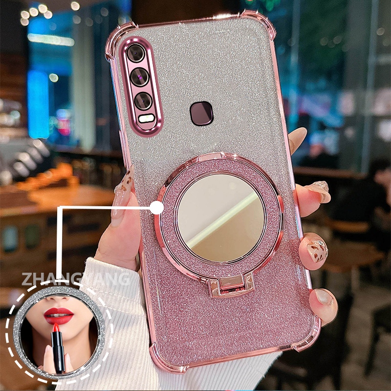 Ốp lưng cho vivo y11 y12 y15 y17 y19 Ốp điện thoại lấp lánh mạ điện bốn góc có tính năng thẩm mỹ và giá đỡ gương TPU mềm