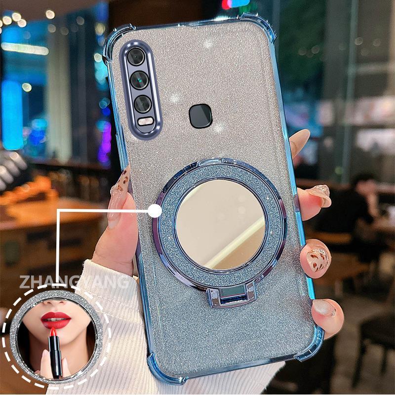 Ốp lưng cho vivo y11 y12 y15 y17 y19 Ốp điện thoại lấp lánh mạ điện bốn góc có tính năng thẩm mỹ và giá đỡ gương TPU mềm