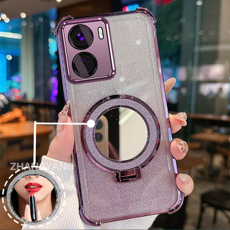 Ốp Lưng Dành Cho vivo Y16 Ốp Điện Thoại Lấp Lánh Mạ Điện Bốn Góc Với Tính Năng Thẩm Mỹ Và Giá Đỡ Gương TPU Mềm