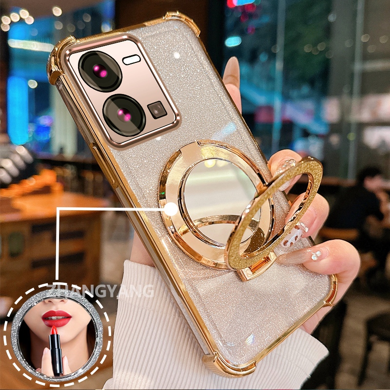 Ốp lưng cho vivo Y35 4G Vỏ điện thoại lấp lánh mạ điện bốn góc chống rơi với các tính năng thẩm mỹ và giá đỡ gương Vỏ mềm TPU