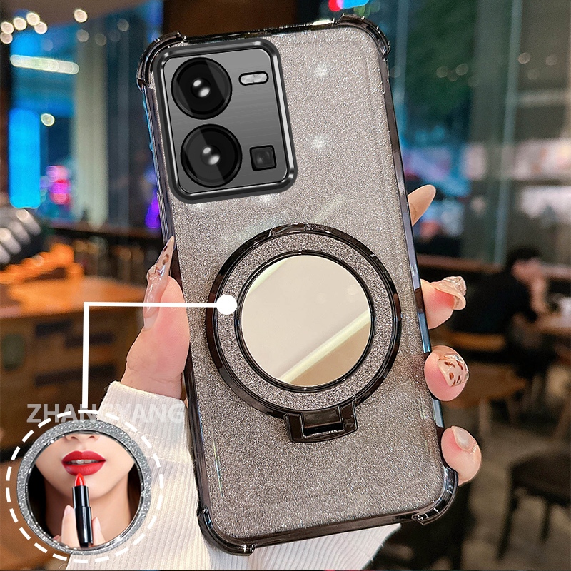 Ốp lưng cho vivo Y35 4G Vỏ điện thoại lấp lánh mạ điện bốn góc chống rơi với các tính năng thẩm mỹ và giá đỡ gương Vỏ mềm TPU