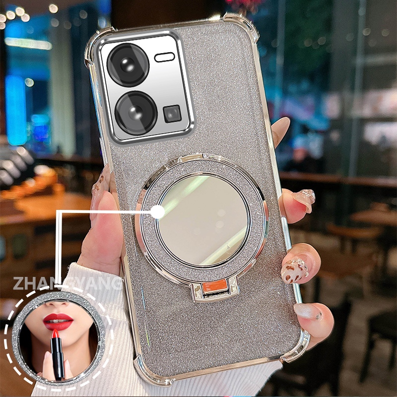 Ốp lưng cho vivo Y35 4G Vỏ điện thoại lấp lánh mạ điện bốn góc chống rơi với các tính năng thẩm mỹ và giá đỡ gương Vỏ mềm TPU