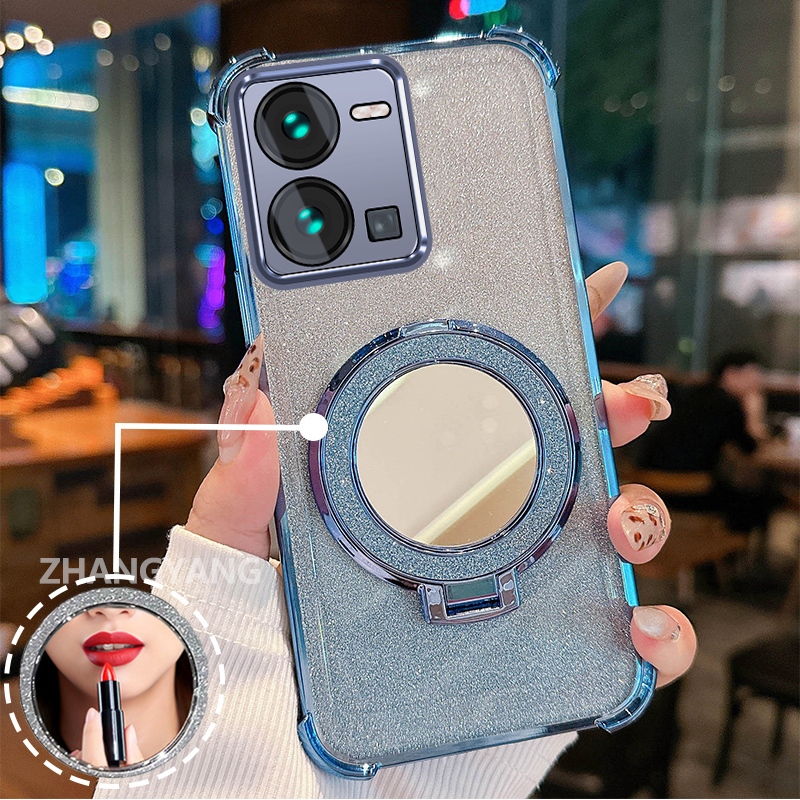 Ốp lưng cho vivo Y35 4G Vỏ điện thoại lấp lánh mạ điện bốn góc chống rơi với các tính năng thẩm mỹ và giá đỡ gương Vỏ mềm TPU