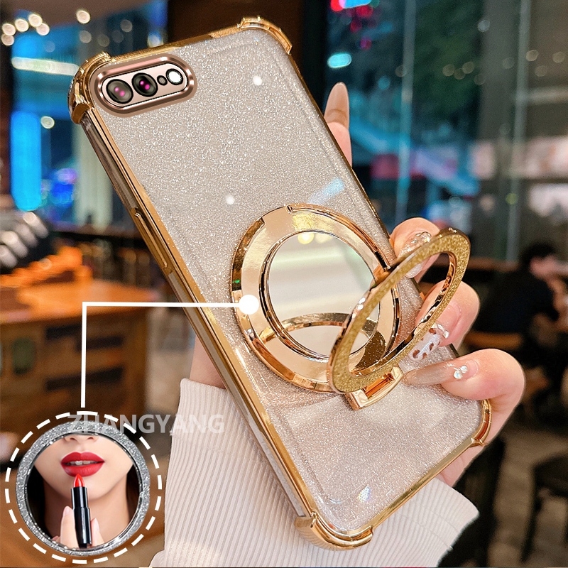 Ốp Lưng Cho iPhone 7 Plus iPhone 8 Plus Vỏ Điện Thoại Lấp Lánh Mạ Điện Bốn Góc Với Các Tính Năng Thẩm Mỹ Và Giá Đỡ Gương TPU Mềm