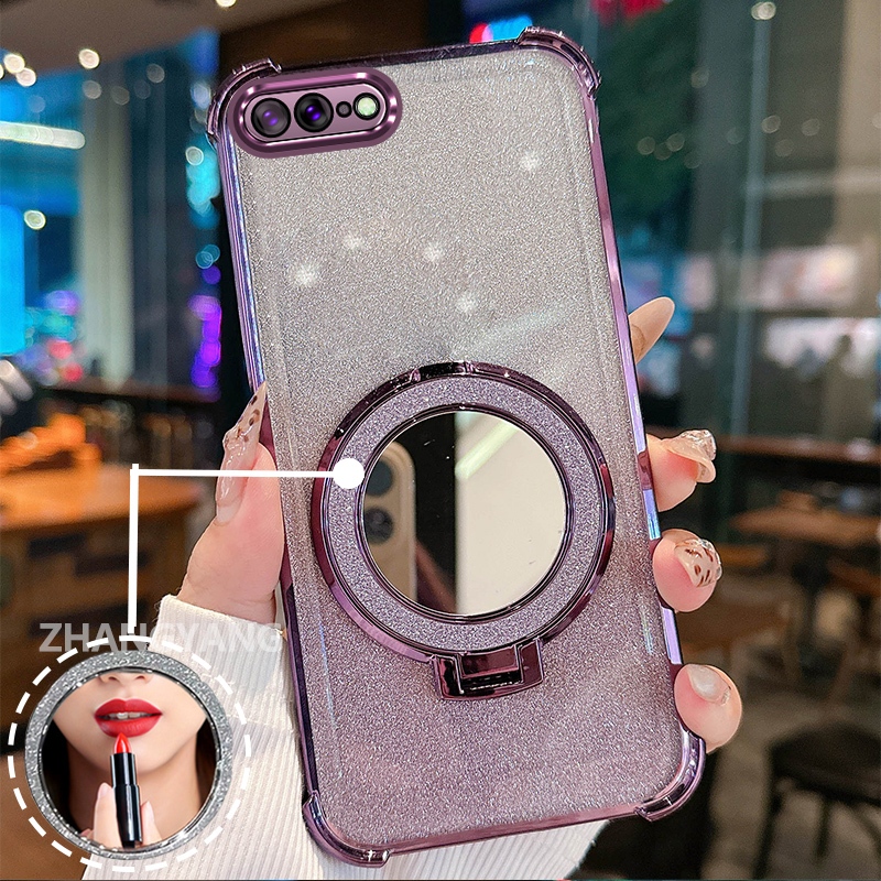 Ốp Lưng Cho iPhone 7 Plus iPhone 8 Plus Vỏ Điện Thoại Lấp Lánh Mạ Điện Bốn Góc Với Các Tính Năng Thẩm Mỹ Và Giá Đỡ Gương TPU Mềm