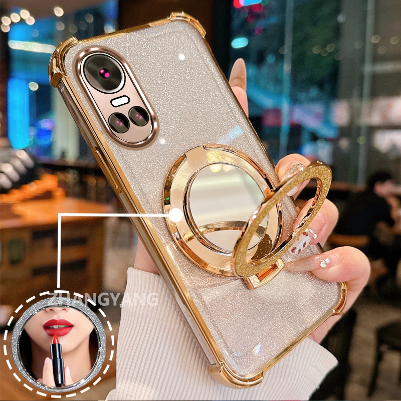 Ốp Lưng Cho OPPO RENO 10 5G RENO 10 Pro 5G Vỏ Điện Thoại Lấp Lánh Mạ Điện Bốn Góc Với Các Tính Năng Thẩm Mỹ Và Giá Đỡ Gương TPU Mềm