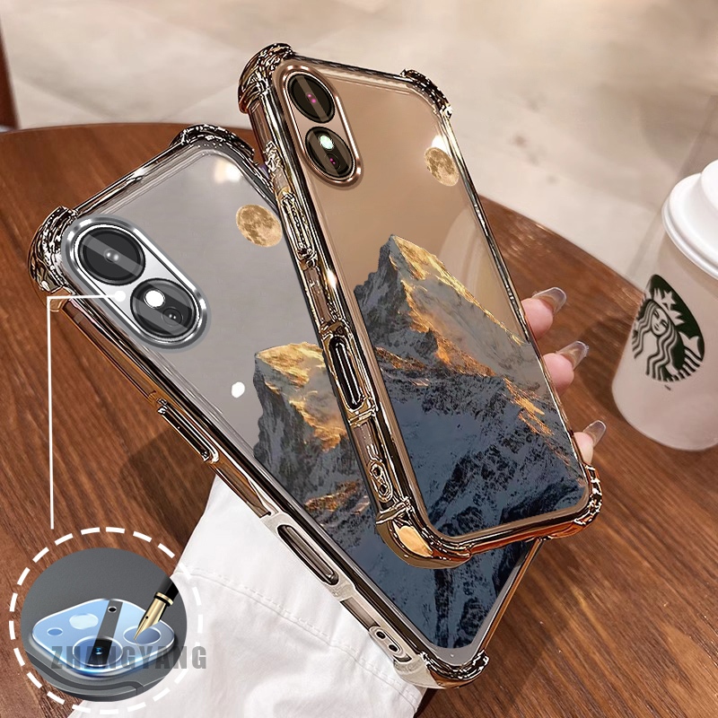 Ốp Lưng Cho OPPO A18 A38 A17 A17K A60 Ốp Điện Thoại Mạ Điện Bốn Góc Thẩm Mỹ Hoàng Hôn Vàng Phong Cảnh Núi Họa Tiết TPU Mềm