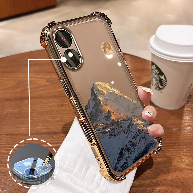 Ốp Lưng Cho OPPO A18 A38 A17 A17K A60 Ốp Điện Thoại Mạ Điện Bốn Góc Thẩm Mỹ Hoàng Hôn Vàng Phong Cảnh Núi Họa Tiết TPU Mềm