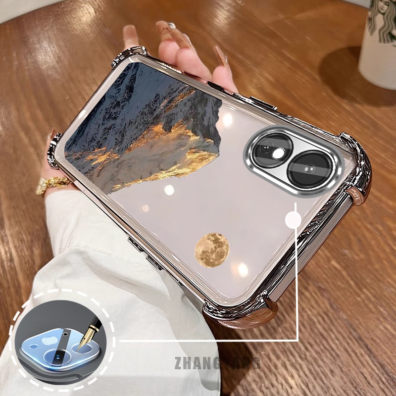 Ốp Lưng Cho OPPO A18 A38 A17 A17K A60 Ốp Điện Thoại Mạ Điện Bốn Góc Thẩm Mỹ Hoàng Hôn Vàng Phong Cảnh Núi Họa Tiết TPU Mềm
