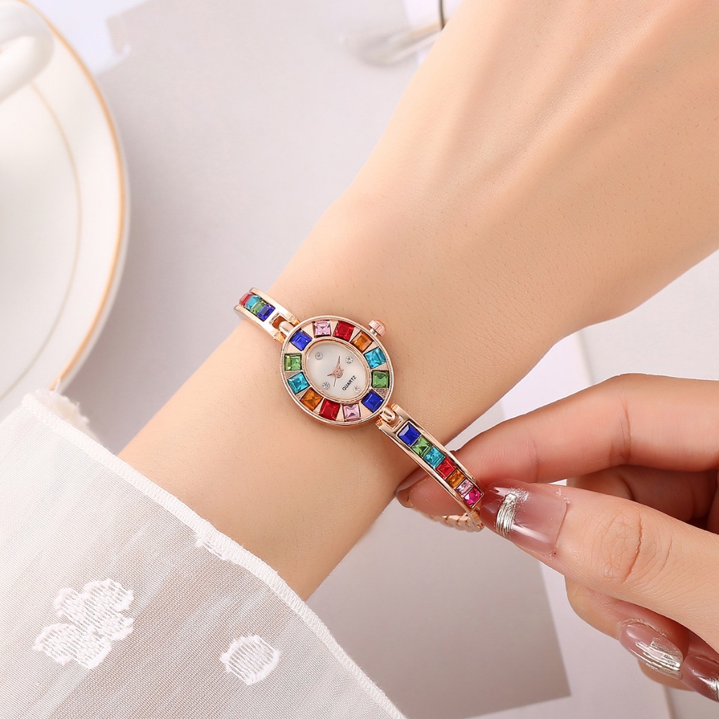 1PC phong cách sang trọng hình bầu dục đầy màu sắc kim cương vòng đeo tay đồng hồ nữ ánh sáng sang trọng trang trí đồng hồ phiên bản Hàn Quốc thời trang sinh viên đồng hồ