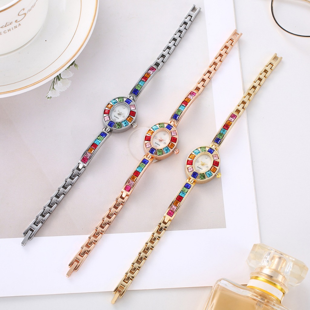 1PC phong cách sang trọng hình bầu dục đầy màu sắc kim cương vòng đeo tay đồng hồ nữ ánh sáng sang trọng trang trí đồng hồ phiên bản Hàn Quốc thời trang sinh viên đồng hồ