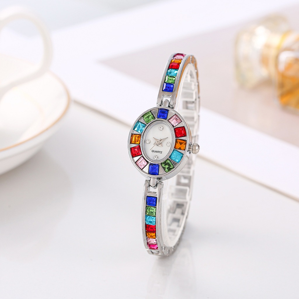1PC phong cách sang trọng hình bầu dục đầy màu sắc kim cương vòng đeo tay đồng hồ nữ ánh sáng sang trọng trang trí đồng hồ phiên bản Hàn Quốc thời trang sinh viên đồng hồ
