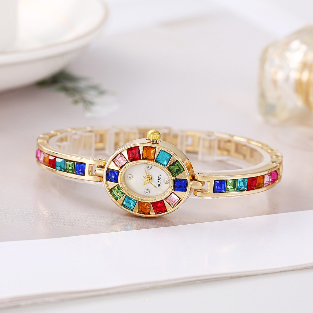 1PC phong cách sang trọng hình bầu dục đầy màu sắc kim cương vòng đeo tay đồng hồ nữ ánh sáng sang trọng trang trí đồng hồ phiên bản Hàn Quốc thời trang sinh viên đồng hồ