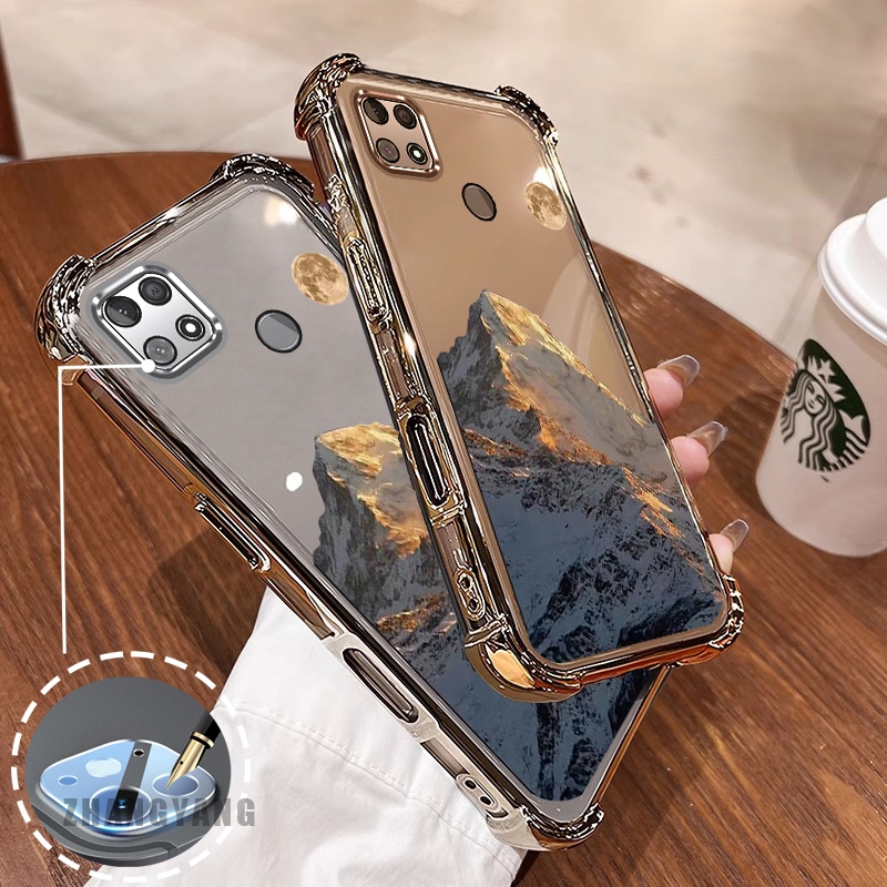 Ốp Lưng Cho Poco C40 Bốn Góc Chống Rơi Mạ Điện Ốp Lưng Thẩm Mỹ Hoàng Hôn Vàng Phong Cảnh Núi Họa Tiết TPU Mềm