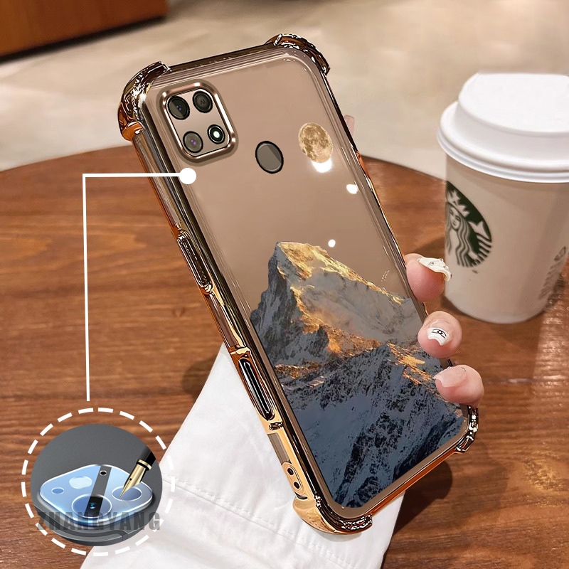 Ốp Lưng Cho Poco C40 Bốn Góc Chống Rơi Mạ Điện Ốp Lưng Thẩm Mỹ Hoàng Hôn Vàng Phong Cảnh Núi Họa Tiết TPU Mềm