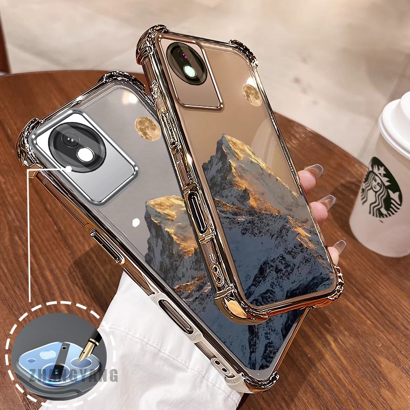 Ốp Lưng Dành Cho vivo Y02 Y02A Y02T Ốp Điện Thoại Mạ Điện Bốn Góc Chống Rơi Thẩm Mỹ Hoàng Hôn Vàng Phong Cảnh Núi Họa Tiết TPU Mềm