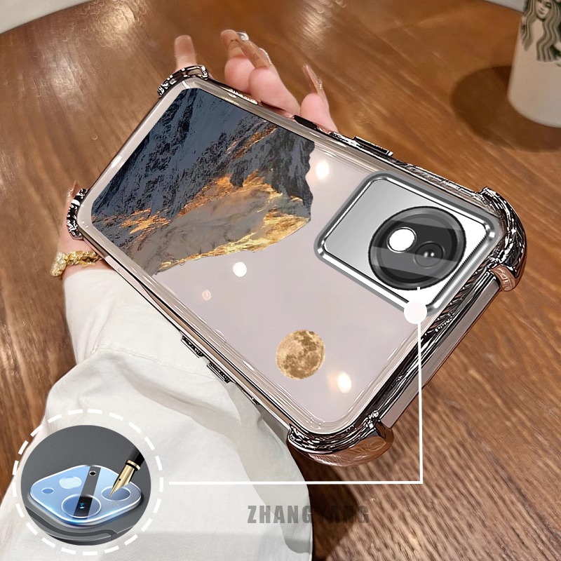 Ốp Lưng Dành Cho vivo Y02 Y02A Y02T Ốp Điện Thoại Mạ Điện Bốn Góc Chống Rơi Thẩm Mỹ Hoàng Hôn Vàng Phong Cảnh Núi Họa Tiết TPU Mềm