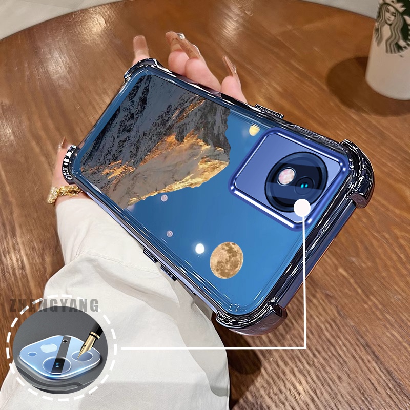 Ốp Lưng Dành Cho vivo Y02 Y02A Y02T Ốp Điện Thoại Mạ Điện Bốn Góc Chống Rơi Thẩm Mỹ Hoàng Hôn Vàng Phong Cảnh Núi Họa Tiết TPU Mềm