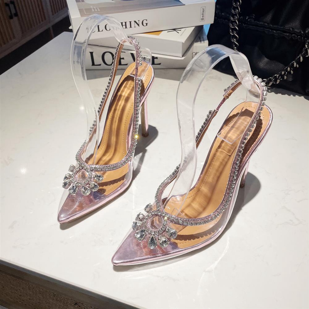 Kim Cương Giả Trong Suốt Dép Nữ Mùa Hè Mũi Nhọn Stiletto Pha Lê Rỗng Dây Đeo Đế Bằng Giày Cưới