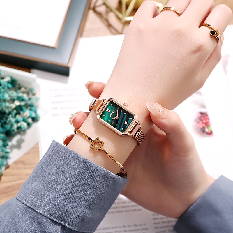 Đồng hồ nữ Dây đeo lưới vuông Đồng hồ nhỏ phong cách cổ điển Đồng hồ thạch anh xanh công rừng