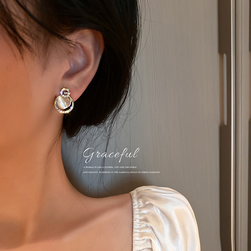 Bông tai mắt mèo đính đá, style Hàn Quốc cá tính, trang sức sang trọng