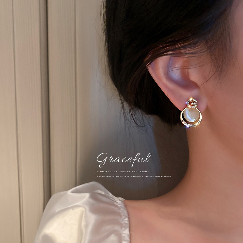 Bông tai mắt mèo đính đá, style Hàn Quốc cá tính, trang sức sang trọng