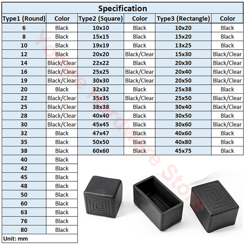 4 Đen Vuông PVC Bàn Ghế Chân Đầu Mũ Bảo Vệ Sàn Chống Trơn Trượt Sàn Cao Su Miếng Lót Chân 10x10mm ~ 45x75mm