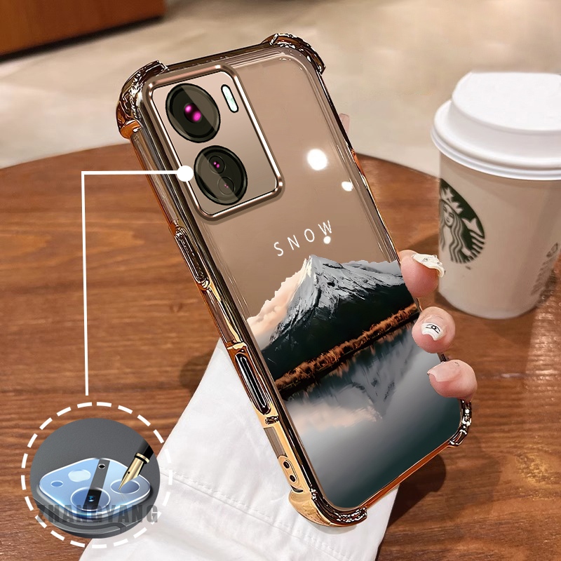 Ốp Lưng Cho vivo Y16 Bốn Góc Chống Rơi Mạ Điện Ốp Lưng Điện Thoại Thẩm Mỹ Phản Quang Nước Phong Cảnh Họa Tiết TPU Mềm