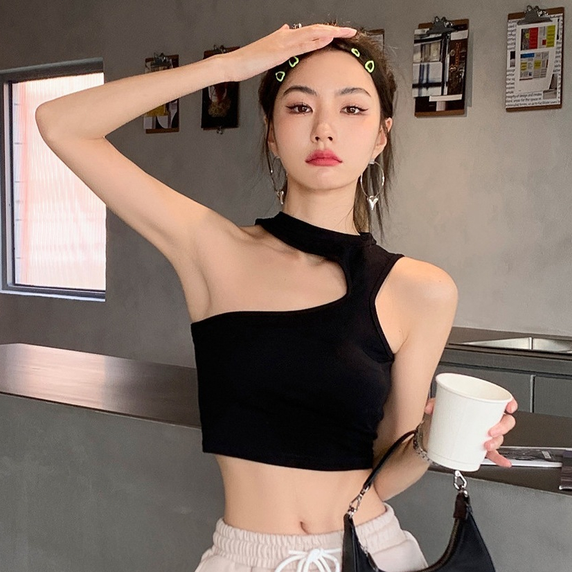 Mùa hè nữ mới gợi cảm đào vai không đều áo vest thể thao ngắn đế áo sơ mi