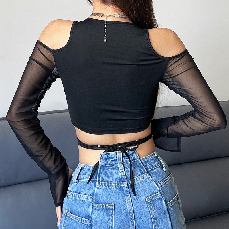 2024 Thời Trang Cổ Chữ V Cutout Dài Tay Áo Thun Nữ Dạo Phố Gợi Cảm Màu Đen Crop Top