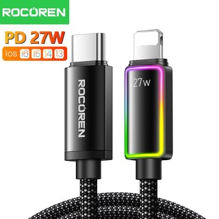 Cáp sạc nhanh Rocoren PD 27W USB Type C cho iPhone 14 13 12 Pro có dây đèn LED RGB