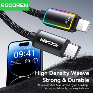 Cáp sạc nhanh Rocoren PD 27W USB Type C cho iPhone 14 13 12 Pro có dây đèn LED RGB